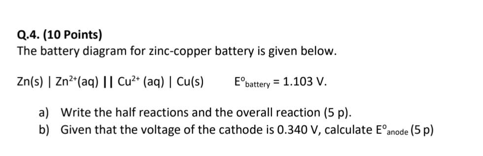 Solved Q.4. (10 Points) The battery diagram for zinc-copper | Chegg.com