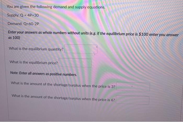 Solved You are given the following demand and supply | Chegg.com