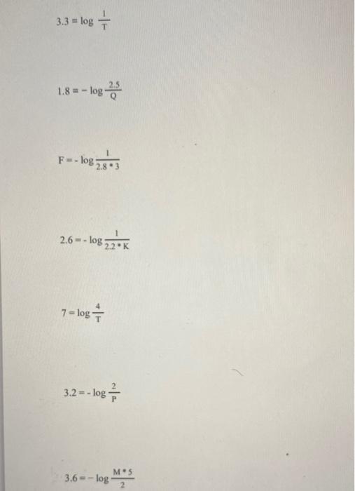 \( 3.3=\log \frac{1}{T} \) \( 1.8=-\log \frac{2.5}{Q} \) \( F=-\log \frac{1}{2.8 \cdot 3} \) \( 2.6=-\log \frac{1}{2.2 * \mat