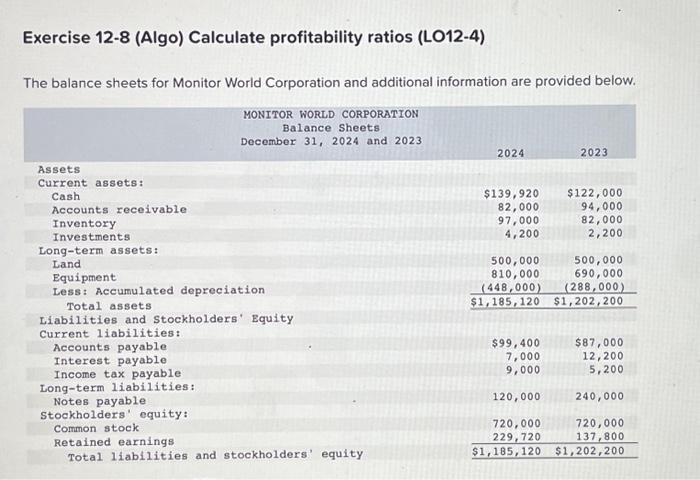 Solved Exercise 12-8 (Algo) Calculate Profitability Ratios | Chegg.com