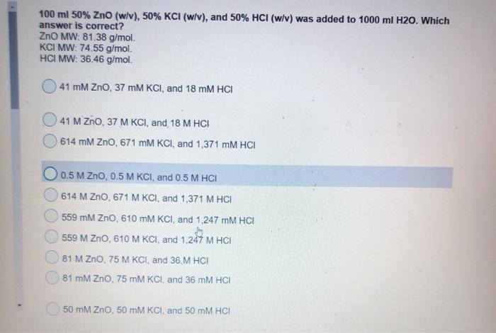 Solved 100 Ml 50 Zno W V 50 Kci W V And 50 Hci Chegg Com