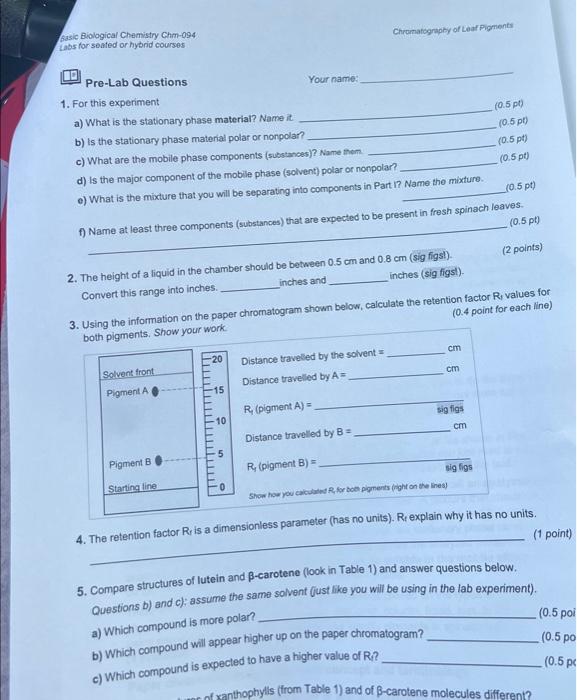 Solved Pre-Lab Questions Your name: 1. For this experiment | Chegg.com