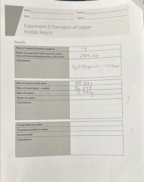 Experiment 3: Formation of Copper Postlab Report | Chegg.com