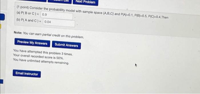Solved Next Problem (1 point) Consider the probability model | Chegg.com