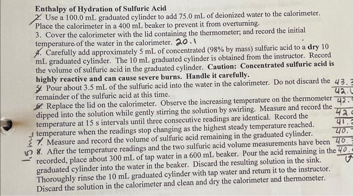 Enthalpy of Hydration Volume (mL) of sulfuric acid | Chegg.com