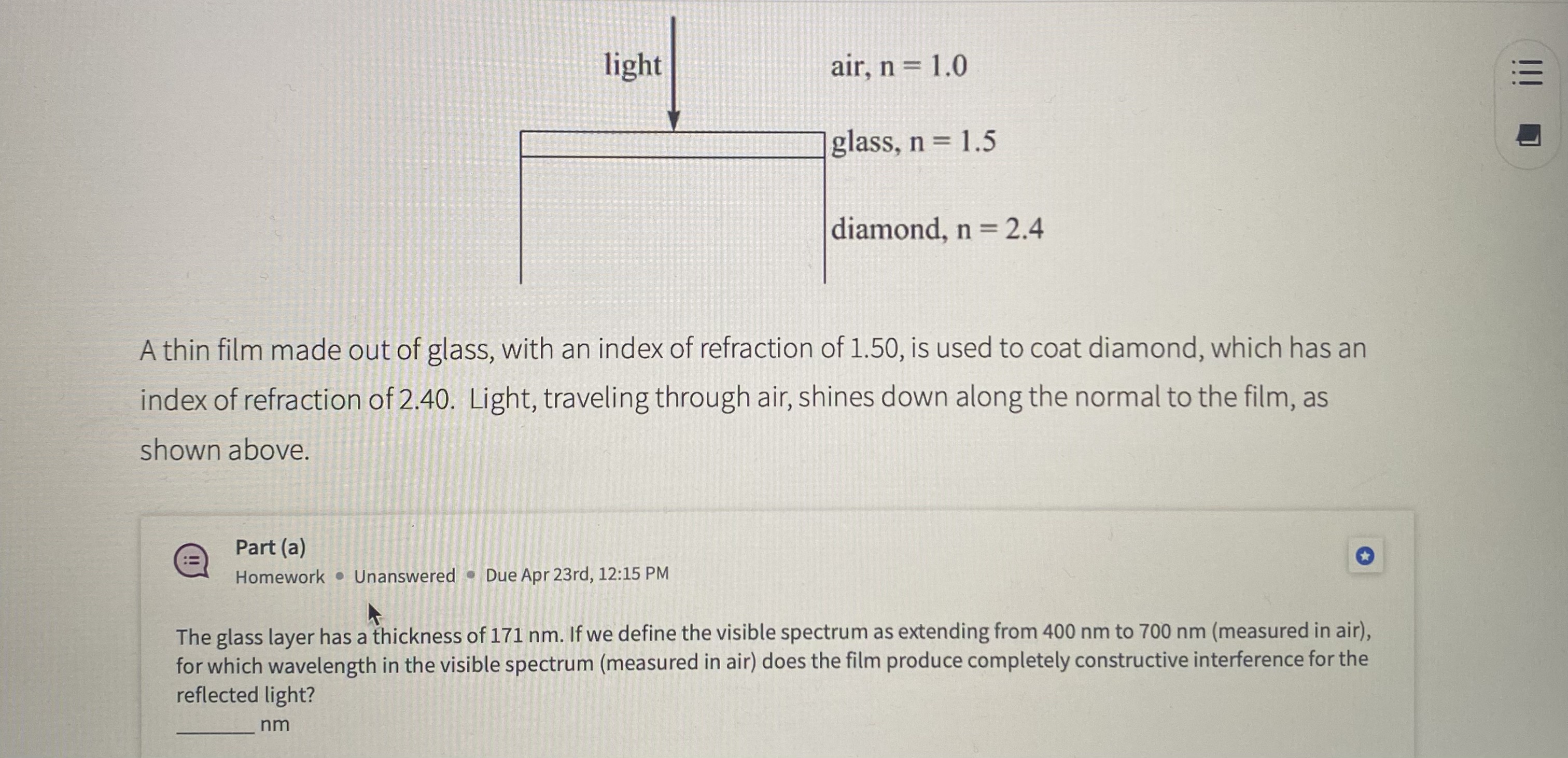 Solved A thin film made out of glass, with an index of | Chegg.com
