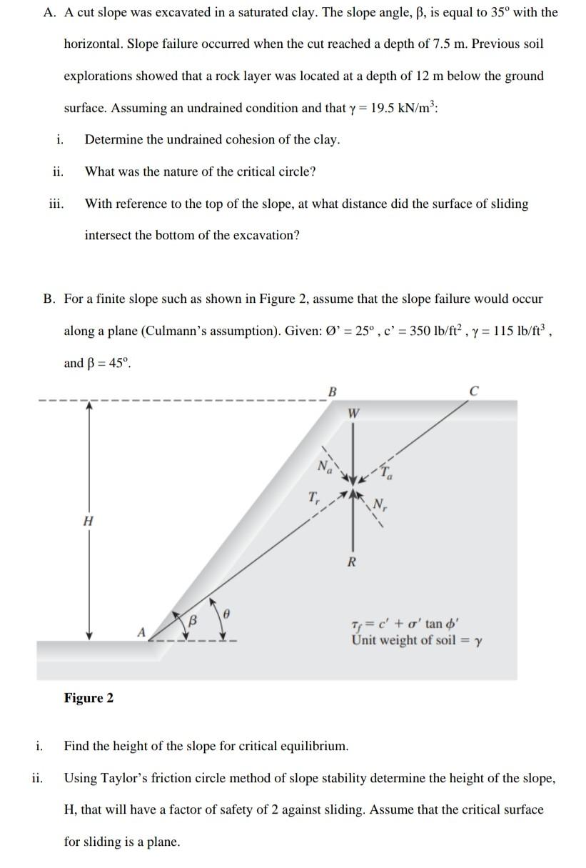 A 10 m high slope of dry clay soil unit weight = 20KN/m3, with a slope  angle of 45∘ and the circular slip surface, is shown in the figure not  drawn to