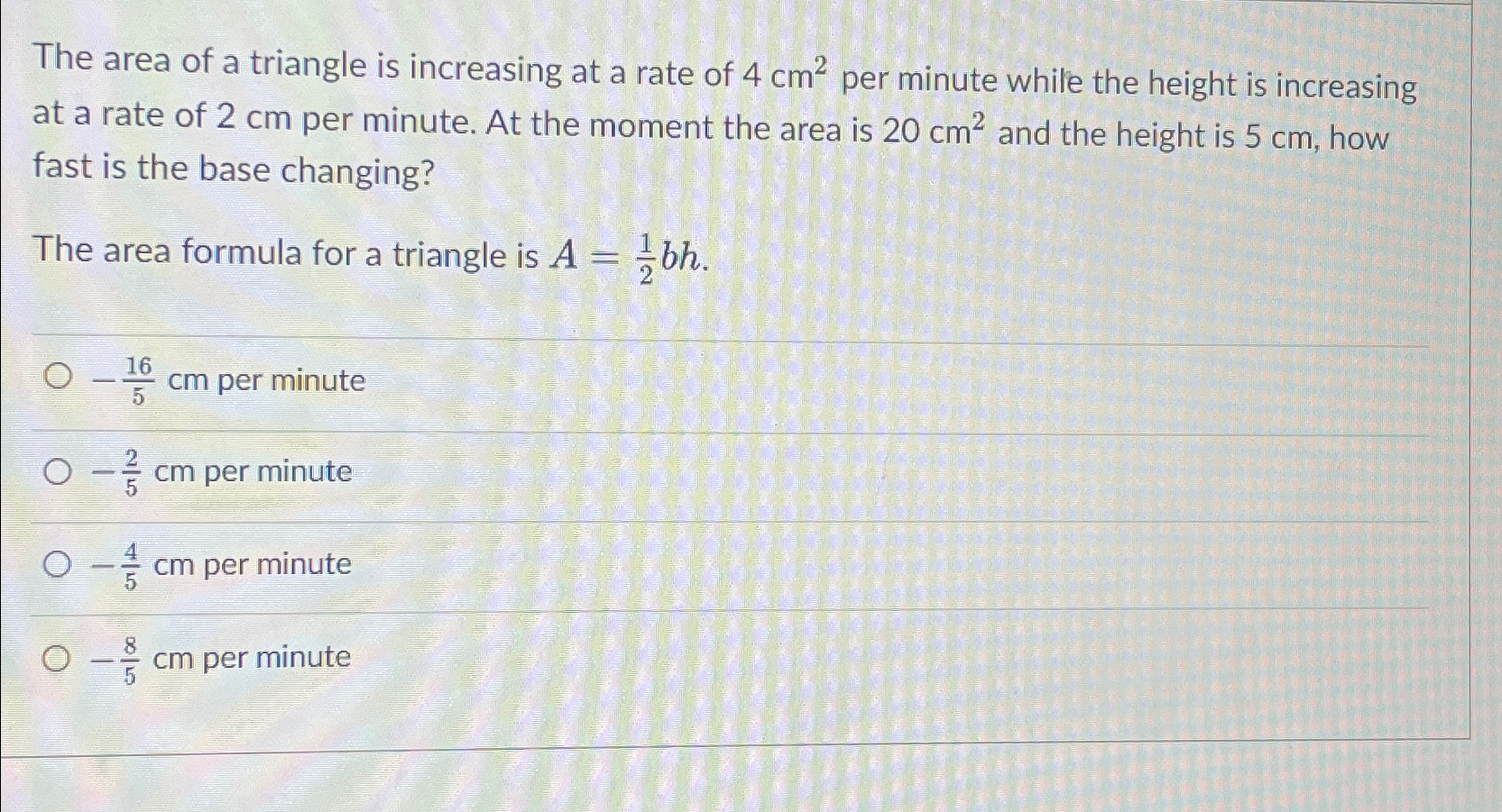 Solved The area of a triangle is increasing at a rate of | Chegg.com