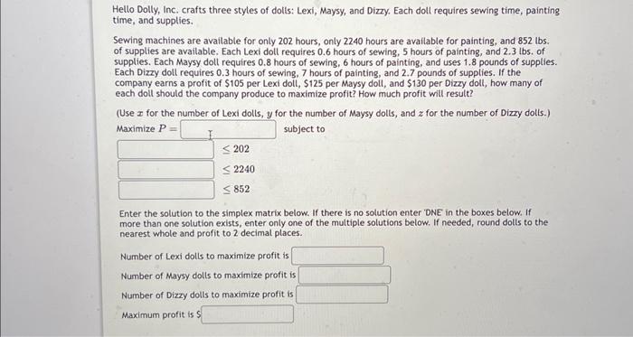 Solved Hello Dolly, Inc. crafts three styles of dolis: Lexi, | Chegg.com