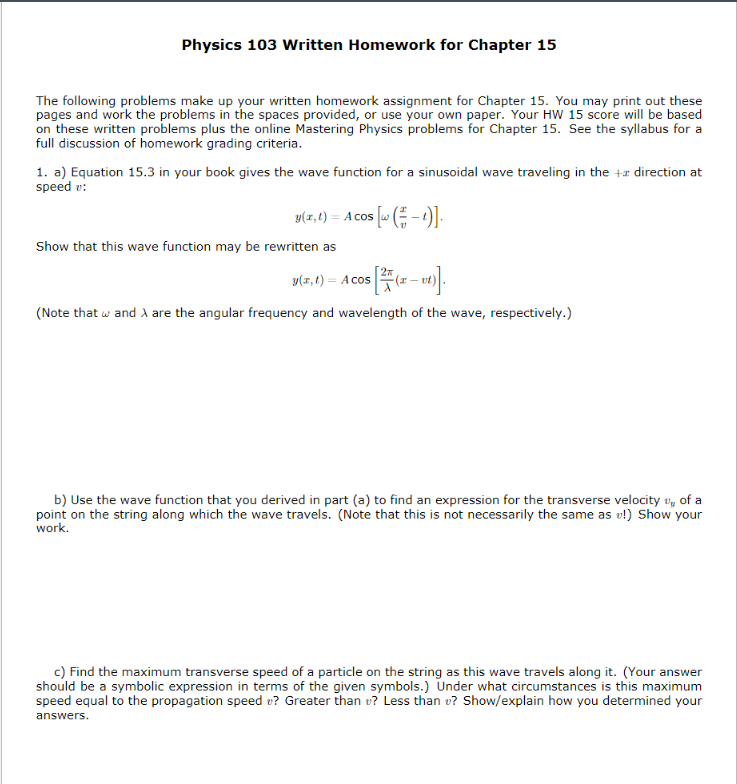 Solved Physics 103 ﻿Written Homework for Chapter 15The | Chegg.com
