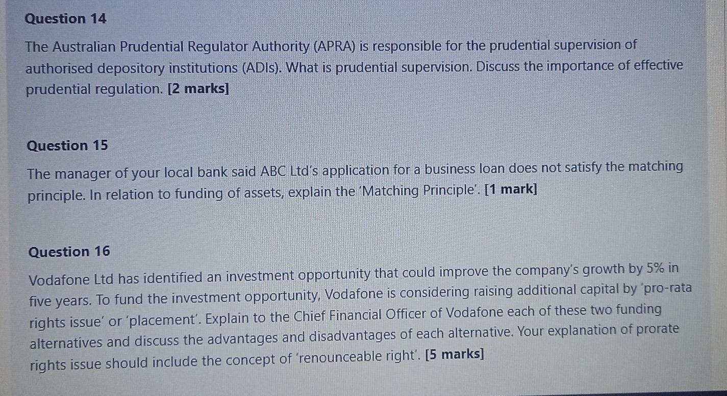 Solved Question 14 The Australian Prudential Regulator