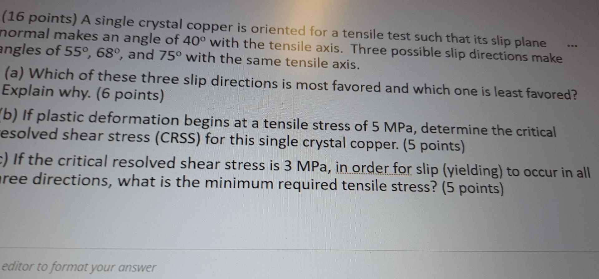 Solved (16 points) A single crystal copper is oriented for a | Chegg.com