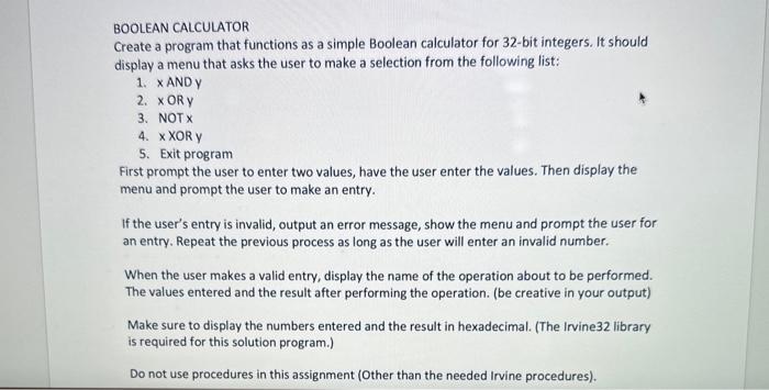 Solved BOOLEAN CALCULATOR Create a program that functions as | Chegg.com