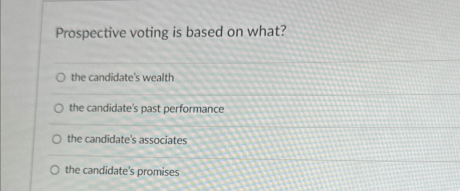 Solved Prospective voting is based on what?the candidate's