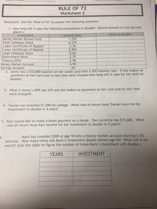 Rule Of 72 Worksheet : The Rule Of 72 Lesson Objectives Understand