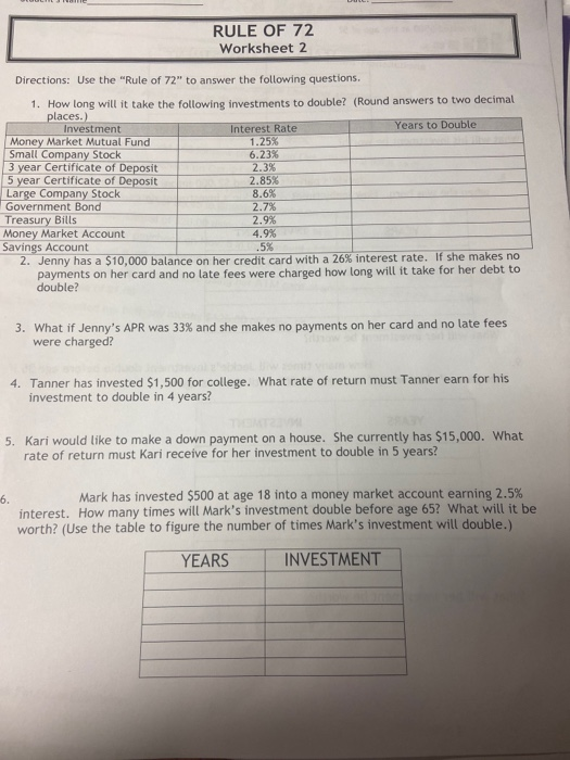 The Rule Of 72 Worksheet Answers