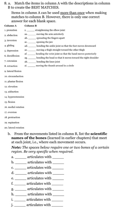 Solved 8.a. Match the items in column A with the | Chegg.com