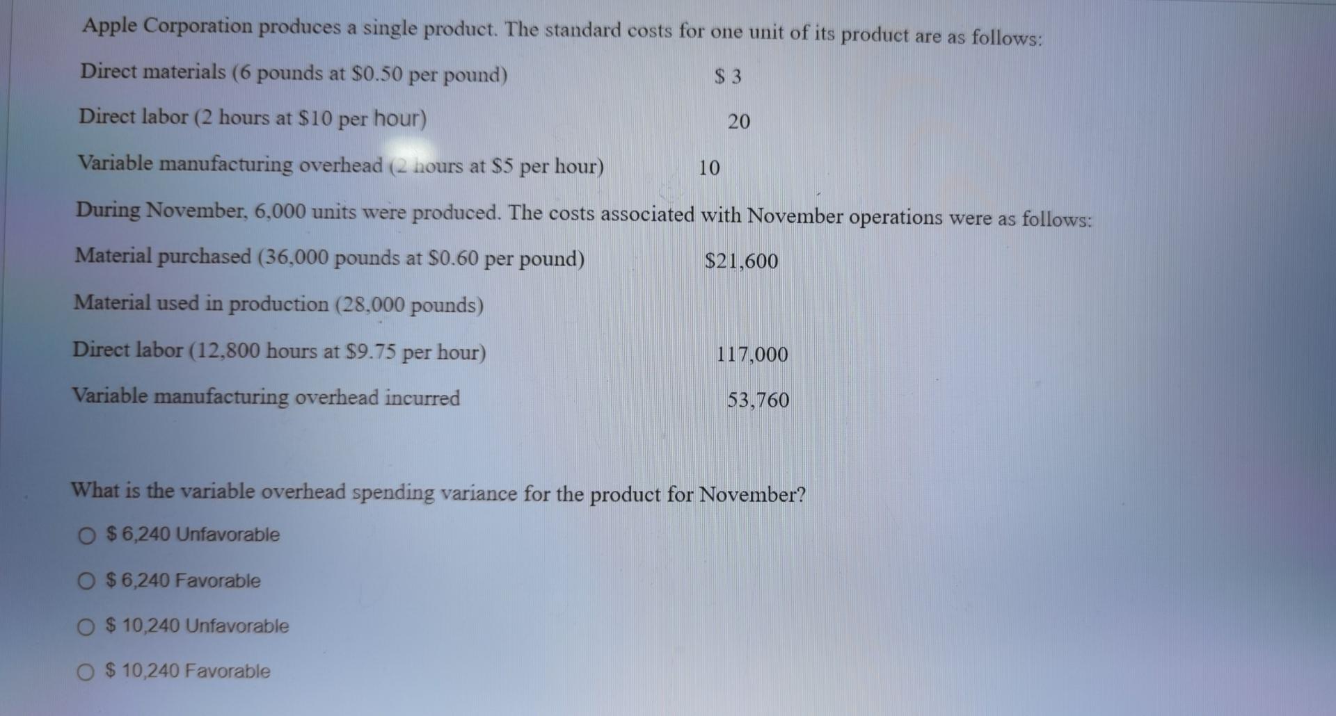 Solved Apple Corporation produces a single product. The | Chegg.com