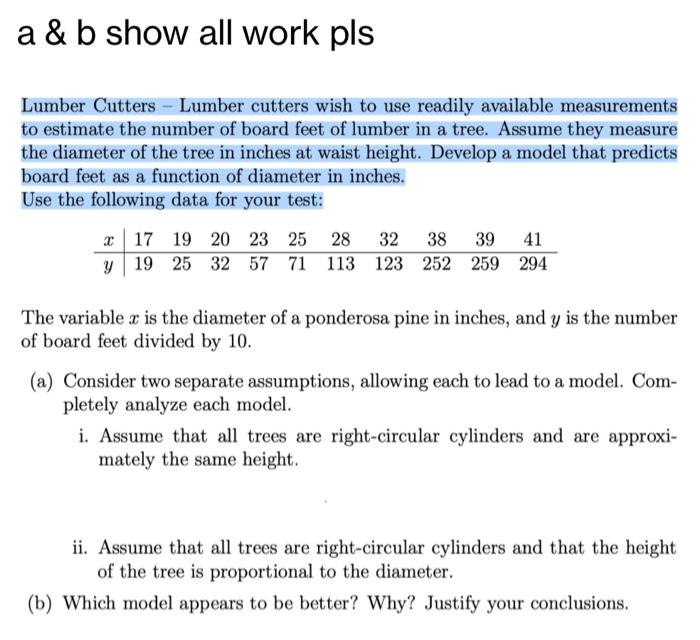Solved a b show all work pls Lumber Cutters Lumber Chegg