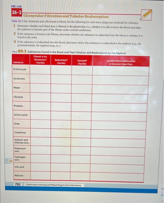 Solved 26−3 Glomerular Filtration and Tubular Reabsorption