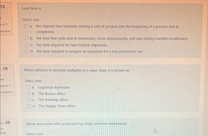 Solved Lead time is Select one: a. the elapsed time between | Chegg.com