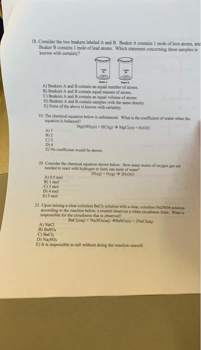 Solved 18. Consider the two beakers labeled A and B. Beaker | Chegg.com