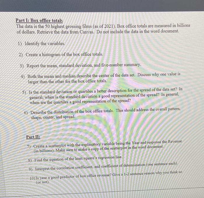 Solved Part I Box Office Totals The Data Is The 50 Highest Chegg