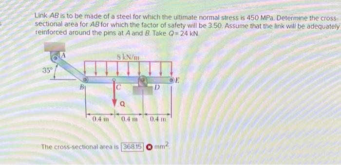 Link \( A B \) is to be made of a steel for which the ultimate normal stress is \( 450 \mathrm{MPa} \). Determine the crossse