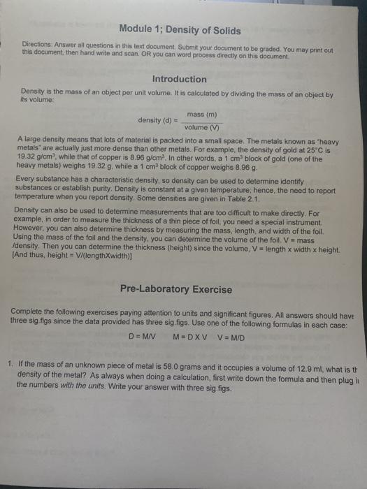 Solved Module 1; Density of Solids Directions. Answer all | Chegg.com