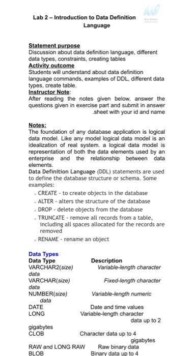 Solved Lab 2 - Introduction to Data Definition Language | Chegg.com
