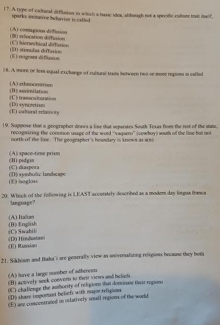 Solved A type of cultural diffusion in which a basic idea, | Chegg.com