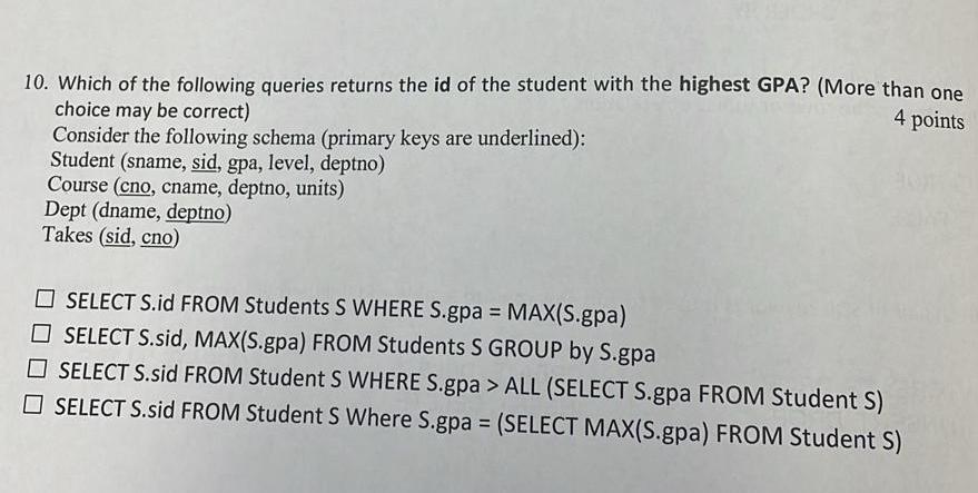 Solved Which of the following queries returns the id of the | Chegg.com