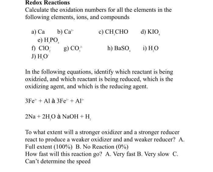 Solved Redox Reactions Calculate the oxidation numbers for | Chegg.com