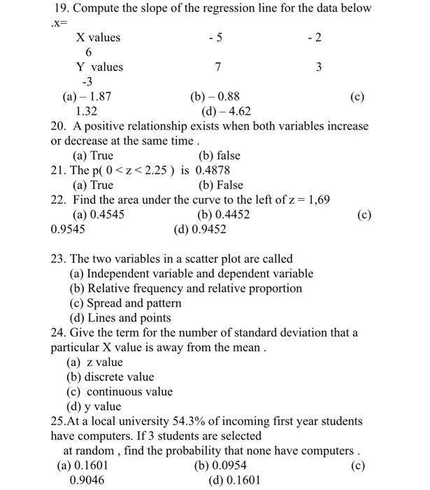 Solved 19. Compute the slope of the regression line for the | Chegg.com