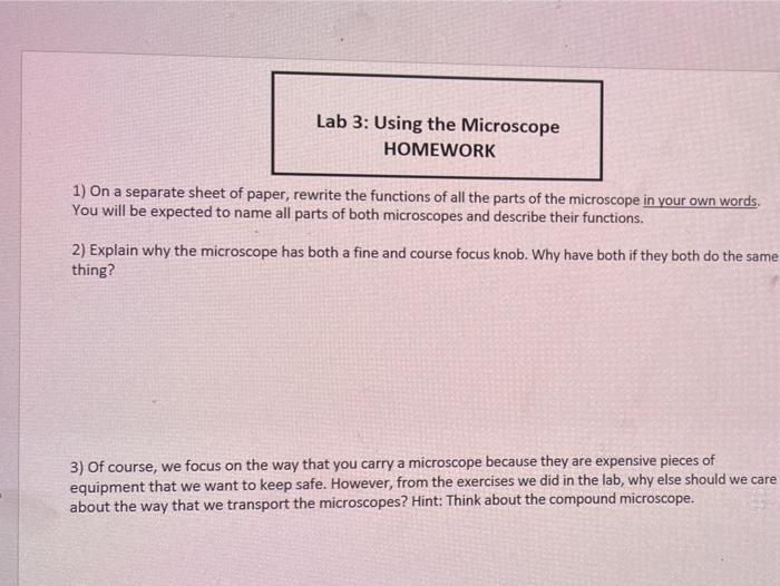 Solved Lab 3: Using the Microscope HOMEWORK 1) On a separate | Chegg.com