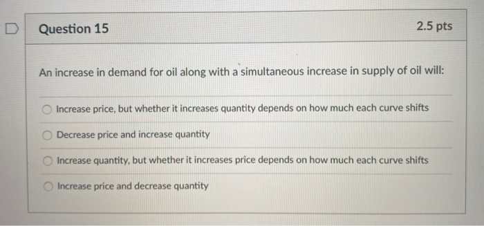 Solved Question 15 2.5 pts An increase in demand for oil | Chegg.com