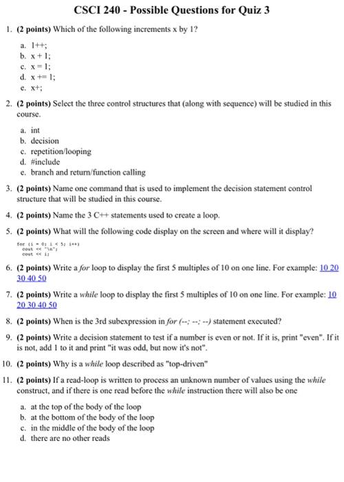 Solved CSCI 240 - Possible Questions For Quiz 3 1. (2 | Chegg.com