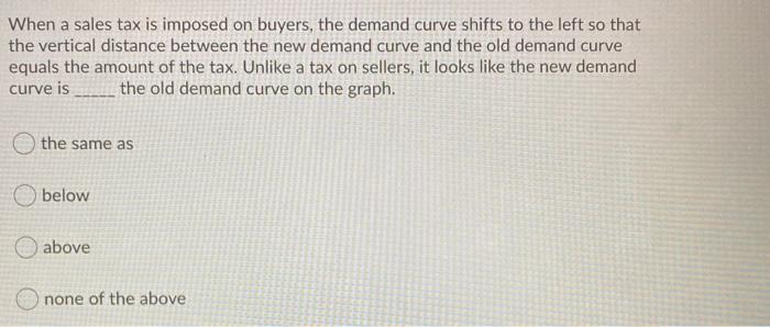 Solved When a sales tax is imposed on buyers, the demand | Chegg.com