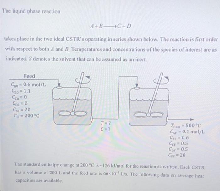 Solved The Liquid Phase Reaction A+B C+D Takes Place In The | Chegg.com