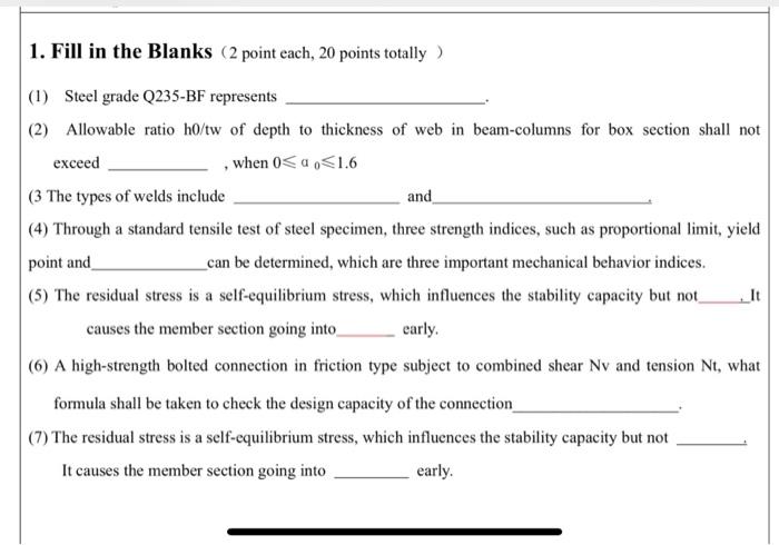 Solved 1. Fill in the Blanks ( 2 point each, 20 points | Chegg.com