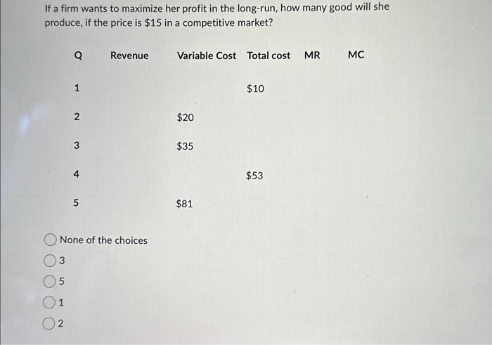 Solved If a firm wants to maximize her profit in the | Chegg.com