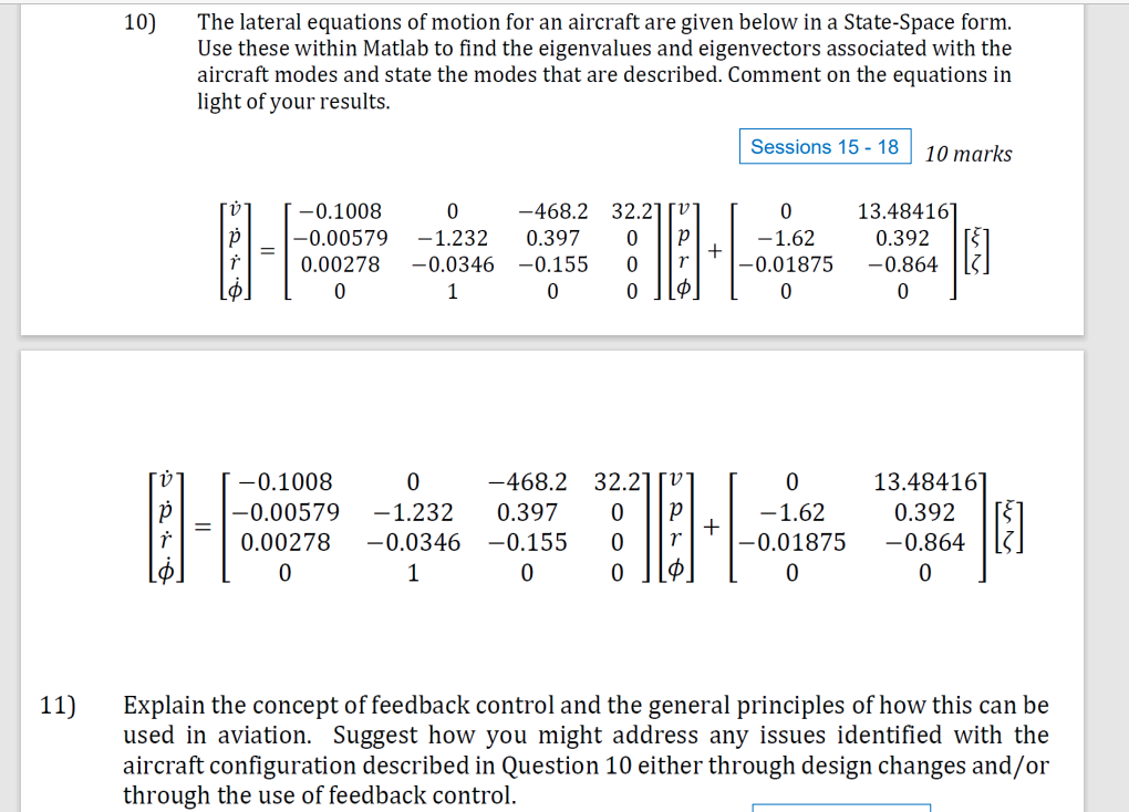 Solved The lateral equations of motion for an aircraft are | Chegg.com