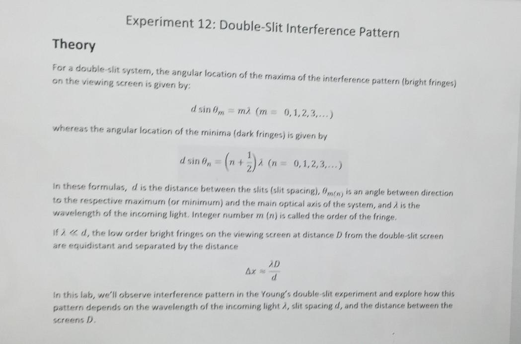 Solved Experiment 12: Double-Slit Interference Pattern | Chegg.com