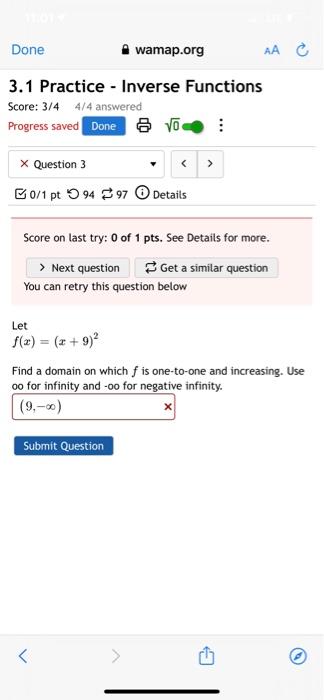 Solved Done wamap.org AA 3.1 Practice - Inverse Functions | Chegg.com