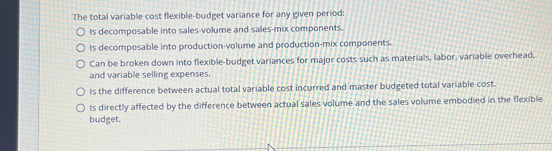 Solved The total variable cost flexiblebudget variance for