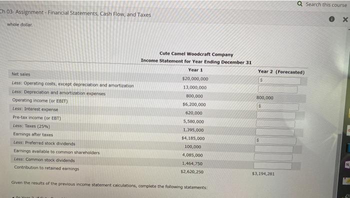 Th 03- Assignment - Financial Statements, Cash Flow, and Taxes
whole dollar.
Qien the results of the previous income statemen