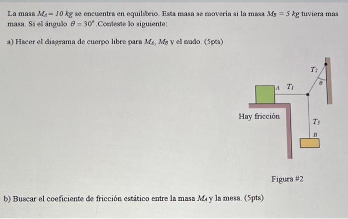 La masa \( M_{1}=10 \mathrm{~kg} \) se encuentra en equilibrio. Esta masa se moveria si la masa \( M_{B}=5 \mathrm{~kg} \) tu