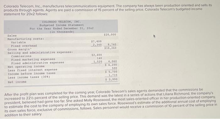 Solved Colorado Telecom, Inc, manufactures | Chegg.com