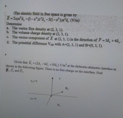 Solved 3 The Electric Field In Free Space Is Given By E Chegg Com