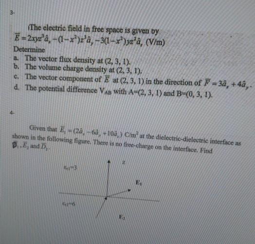 Solved 3 The Electric Field In Free Space Is Given By E Chegg Com